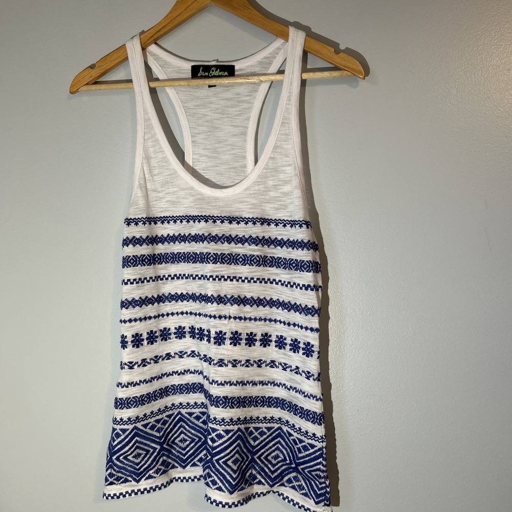 Sam Edelman Blue White Embroidered‎ Tank Top Shirt size XS
